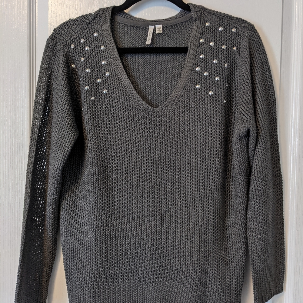 Gray open weave v-neck sweater with silver beaded embellishments- size medium